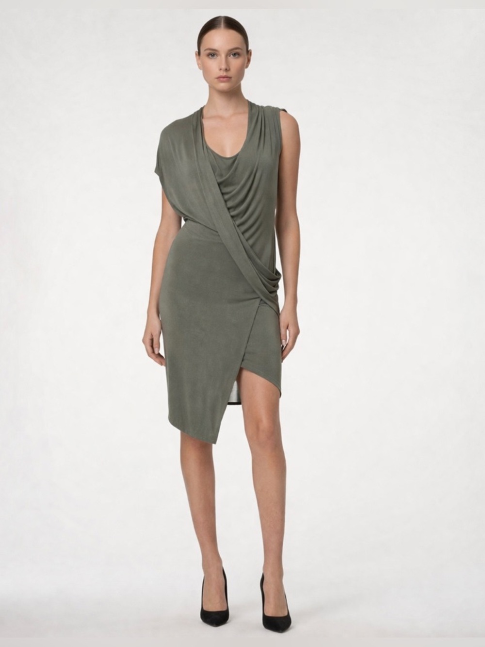 Helmut Lang Olive Jersey Dress L Draped Asymmetric Minimalist Quiet Luxury Midi